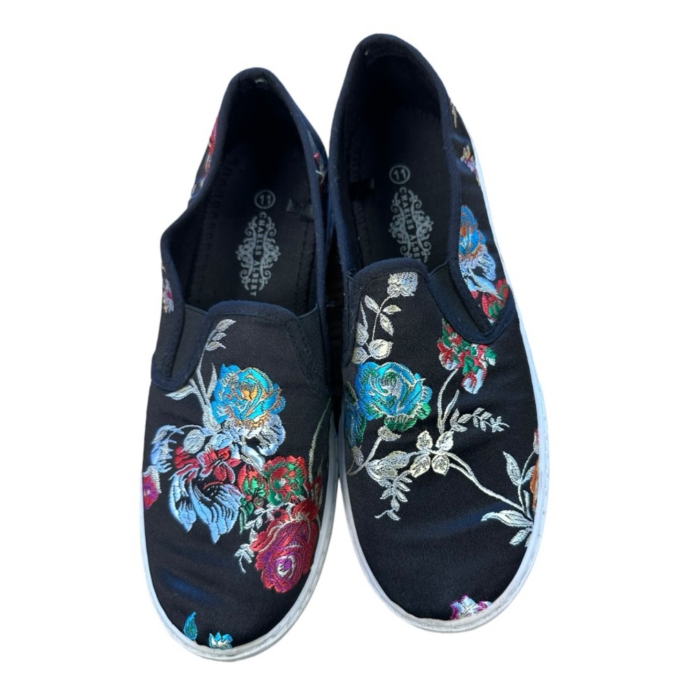 Embroidered Flower Black Satin Slip On Sneakers